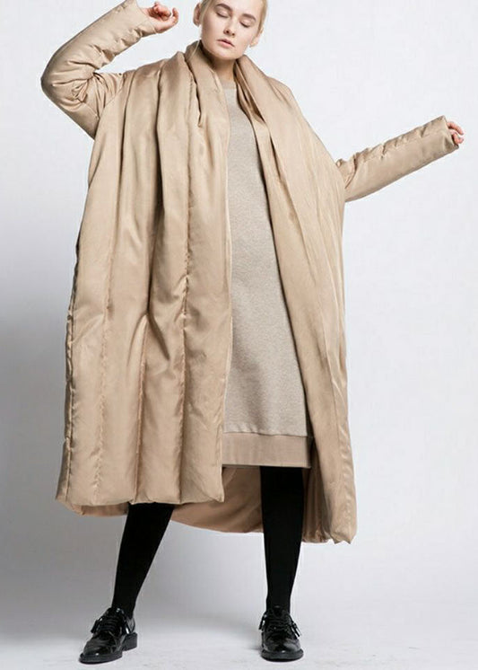 Khaki Patchwork Warme Entendaunen Pufferjacke V-Ausschnitt Übergroße