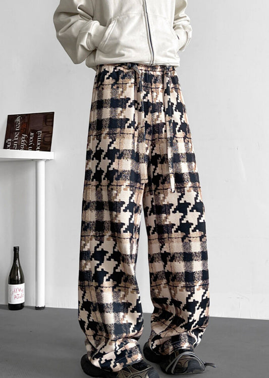 Khaki Plaid Pockets Cotton Men Pants Elastic Waist