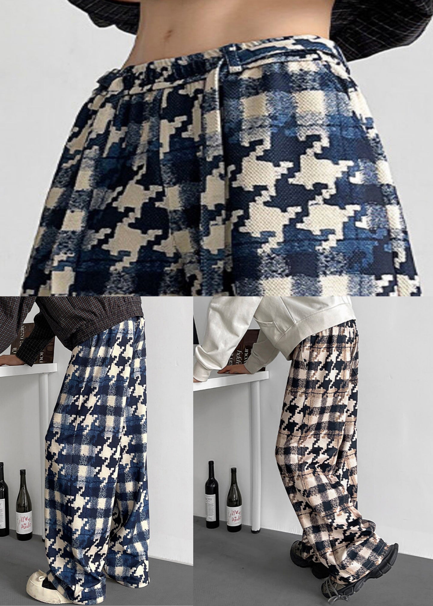 Khaki Plaid Pockets Cotton Men Pants Elastic Waist