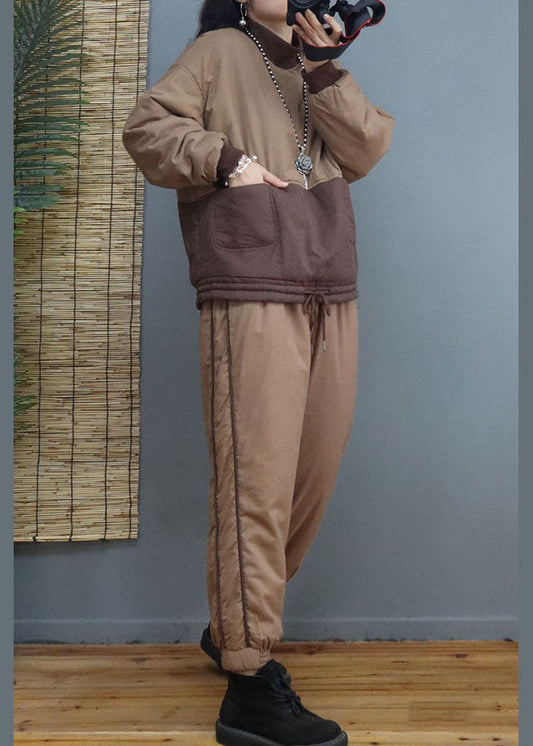 Khakifarbenes, warmes Zweiteiler-Set mit feiner Baumwollfüllung für den Winter