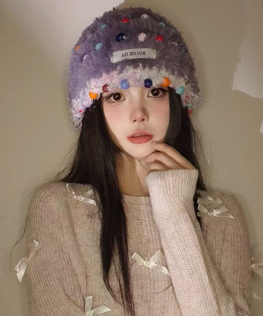Korean Style Beige Multi Bead Fuzzy Fur Knit Warm Boonie Hat
