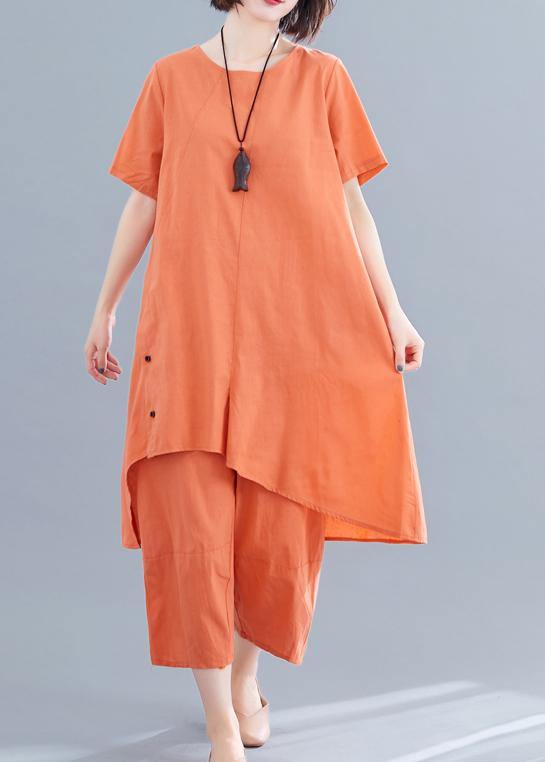 Korean version of the loose large size orange women's irregular tops + pants casual cotton and linen - SooLinen