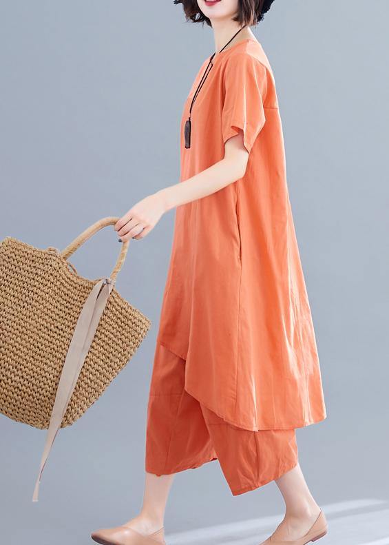 Korean version of the loose large size orange women's irregular tops + pants casual cotton and linen - SooLinen
