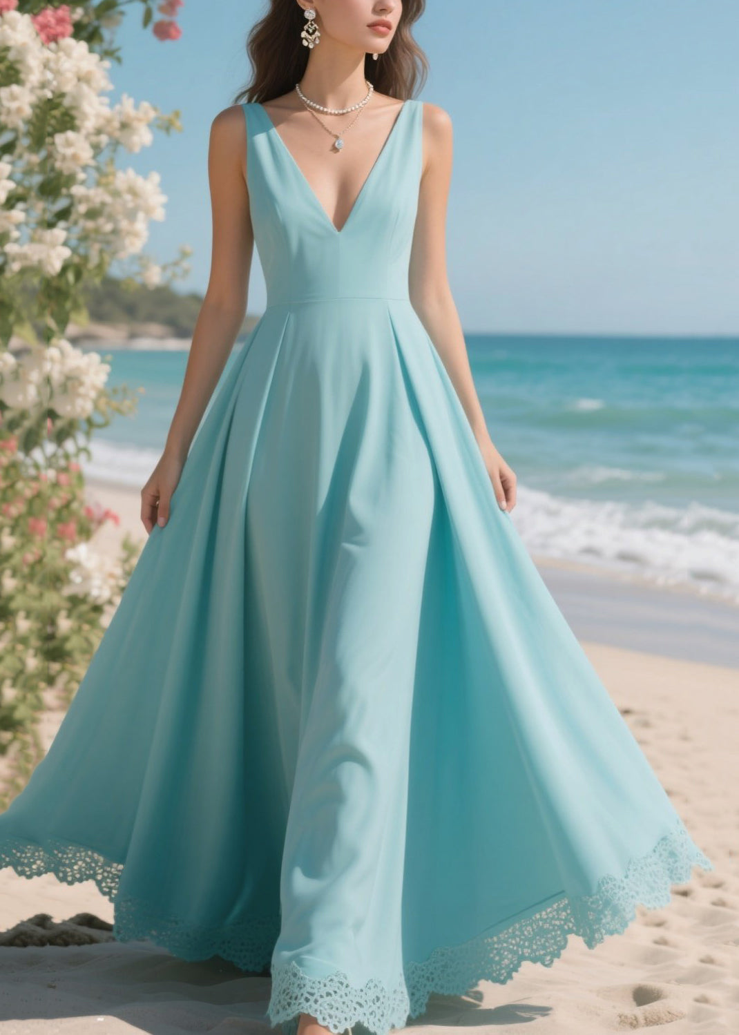 Lake Blue Patchwork Lace Chiffon Long Dress Exra Large Hem Summer