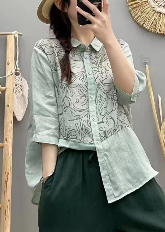 Lake Blue Patchwork Linen Tops Print Half Sleeve