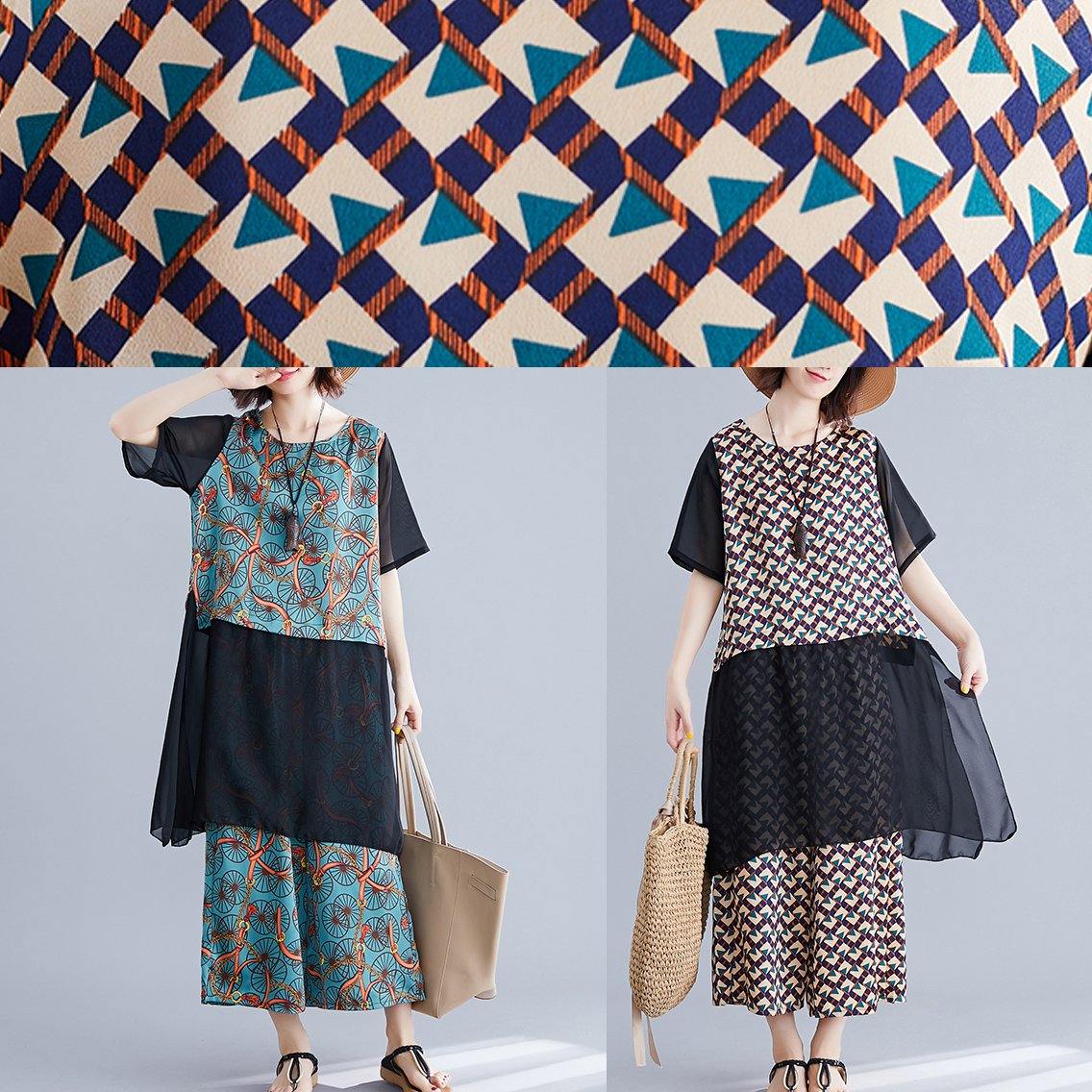 Large size women covered belly women wearing wide-leg pants women's blue two-piece - SooLinen