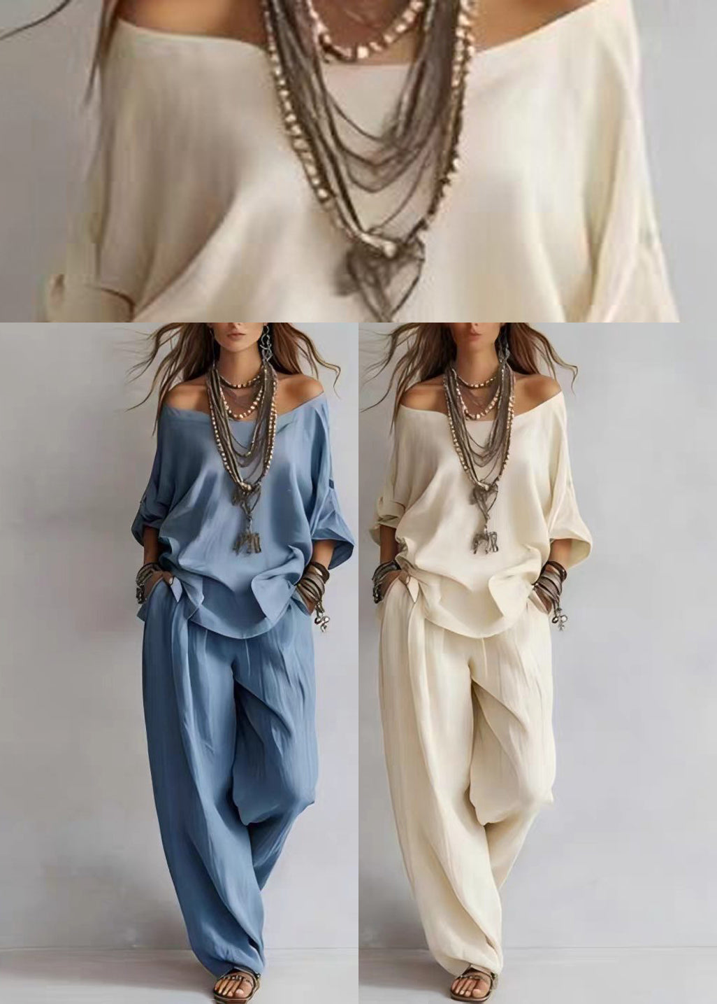 Light Blue 2 Piece Outfit Cold Shoulder Top And Wide Leg Pants Bracelet Sleeve
