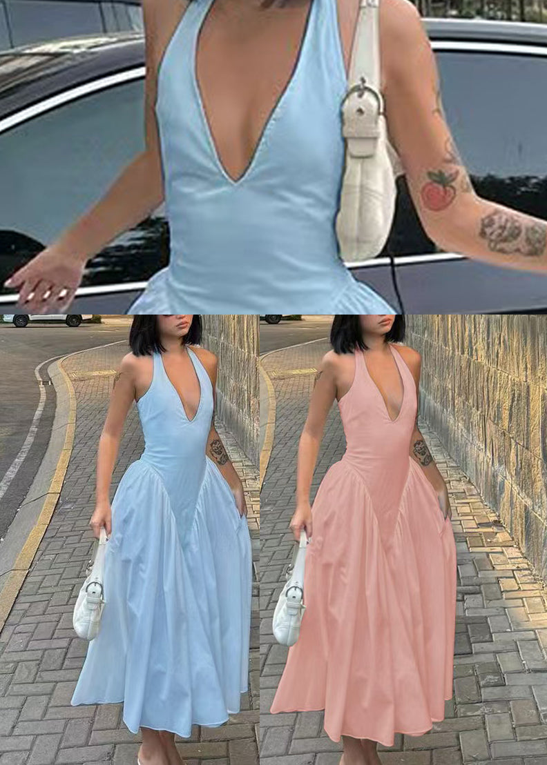 Light Blue Cotton Dresses V Neck Exra Large Hem Summer