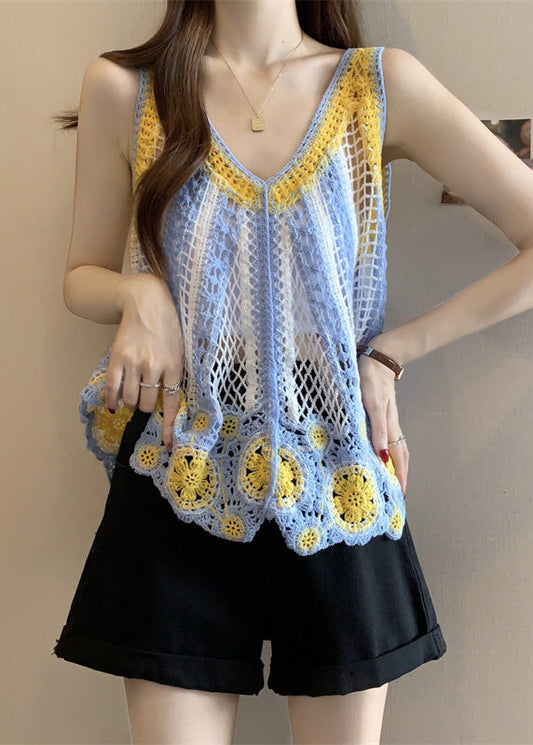 Light Blue Hollow Out Knit Top Sleeveless