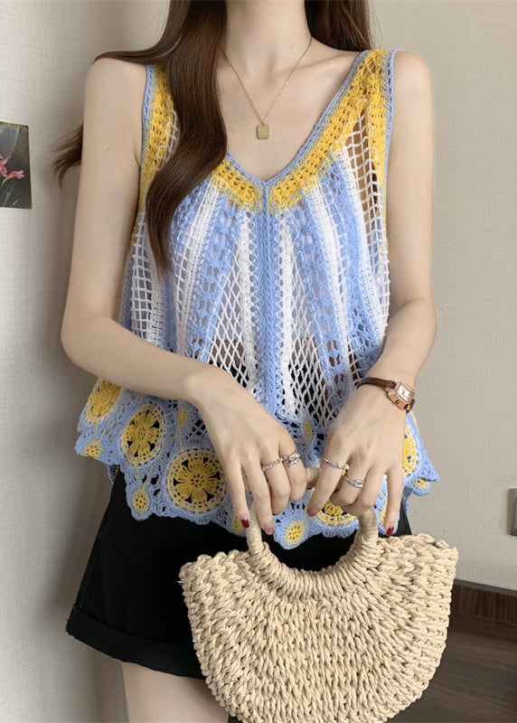 Light Blue Hollow Out Knit Top Sleeveless