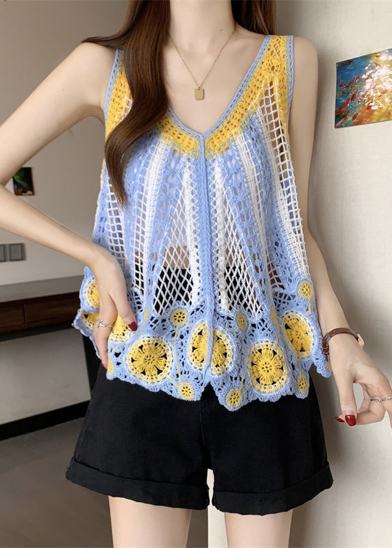 Light Blue Hollow Out Knit Top Sleeveless