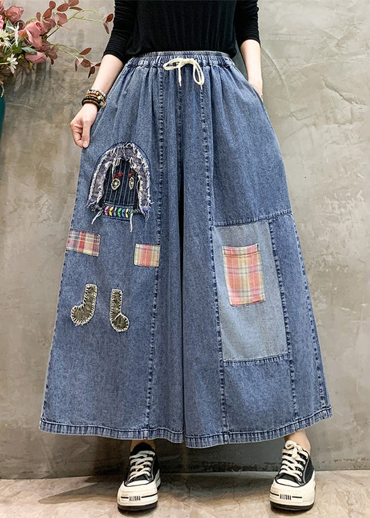 Light Blue Patchwork Applique Denim Pants Embroidered Summer