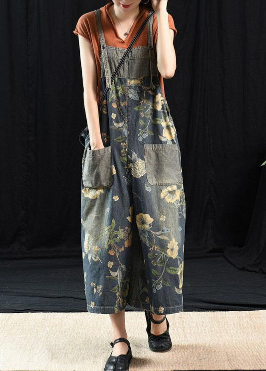 Light Blue Retro Loose Print Summer Pockets Denim Jumpsuit - SooLinen