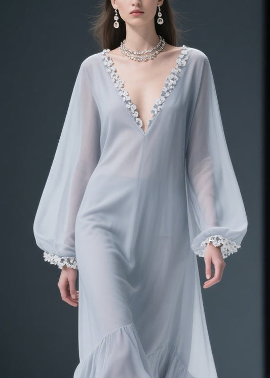 Light Grey Lace Solid Chiffon Maxi Dresses V Neck Spring