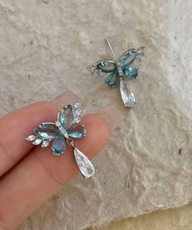 Light Luxury Blue Crystal Butterfly Metal Stud Earrings