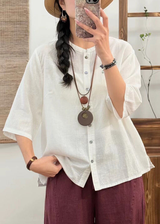 Light Purple Button Side Open Cotton Blouses O Neck Fall