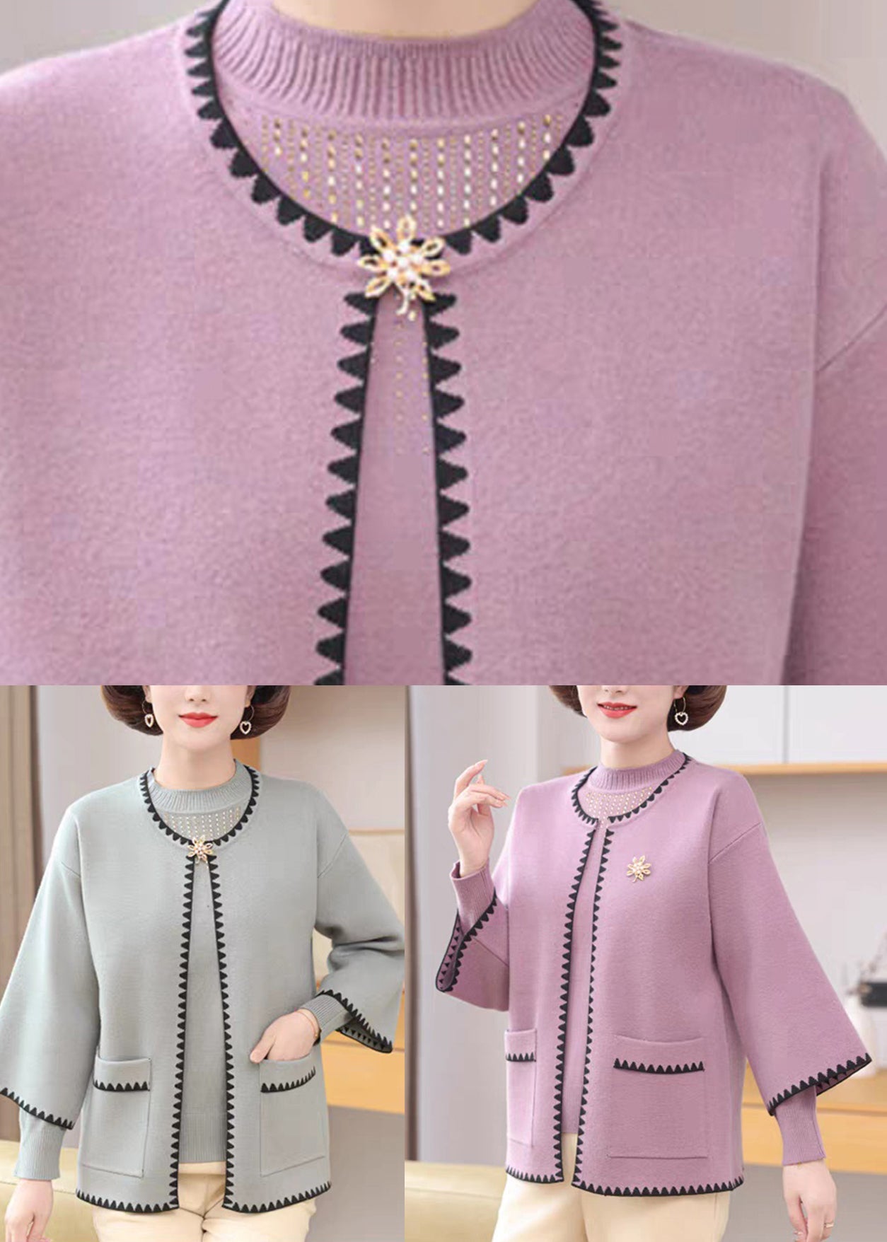 Hellviolettes, zweiteiliges Set aus Rundhals- und Rundhals-Strickjacke und -Pullover mit Taschen – ideal für den Frühling