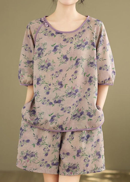 Light Purple Print Shirt And Shorts Two Pieces Set Summer