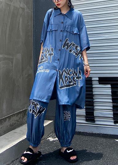 Lightweight and cool summer blue suit women fashion short sleeve + pants two-pieces - SooLinen