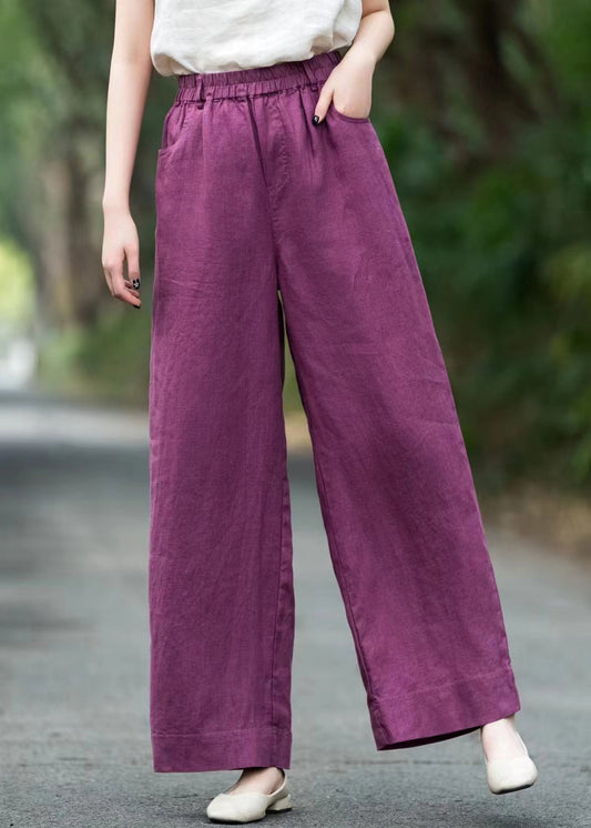 Linen Solid Pockets Linen Summer Wide Leg Pants Elastic Waist