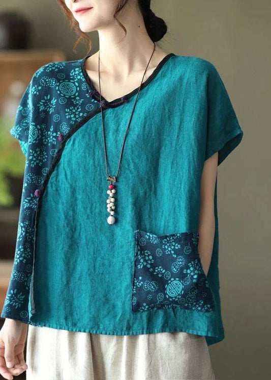 Linen Women Purple Stitching Floral Vintage Short Sleeve T-shirt - SooLinen