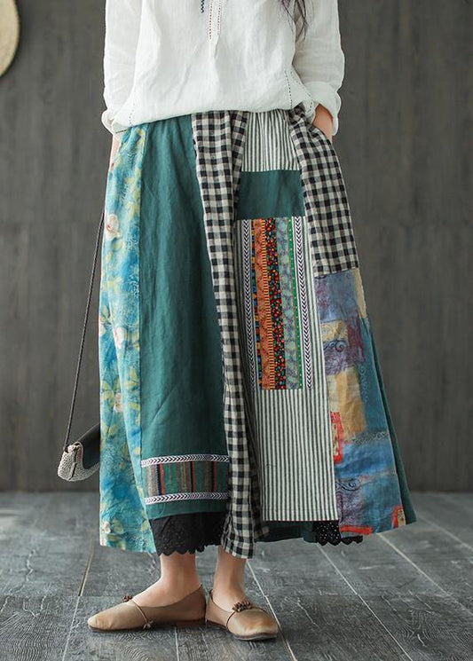 Linen contrast color stitching skirt female spring new retro literary loose elastic waist skirt - SooLinen