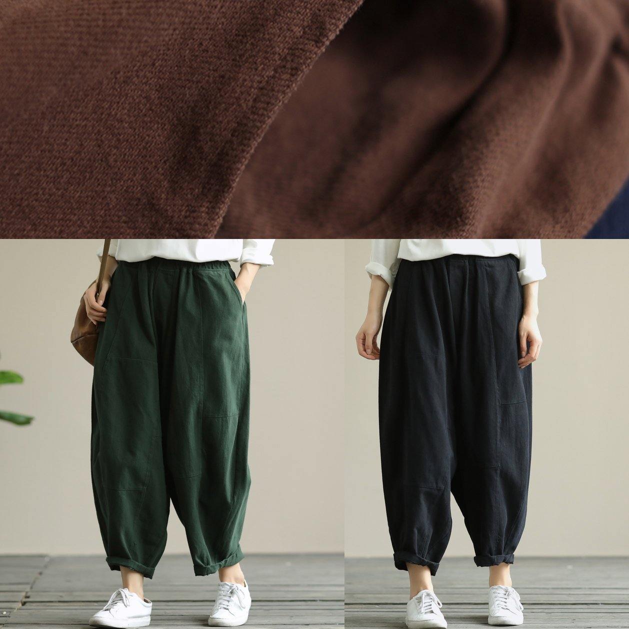 Literary loose green color wild large size elastic waist nine-point harem pants - SooLinen