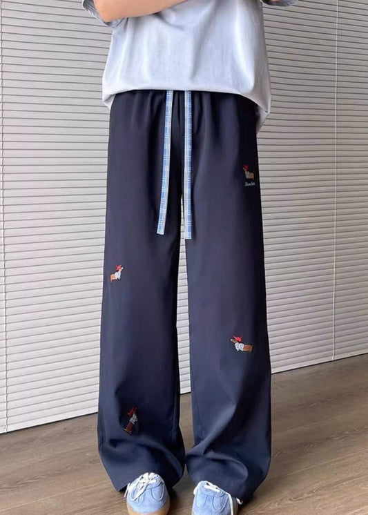 Loose Apricot Embroideried Pockets Drawstring Cotton Mens Pants Summer