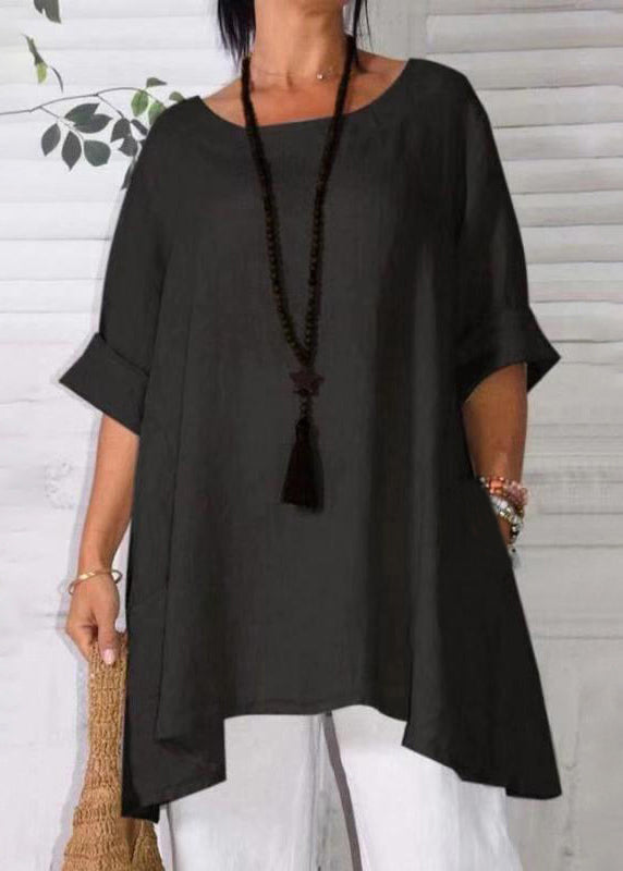 Lose Apricot O-Ausschnitt Taschen Leinen T-Shirts Halbarm