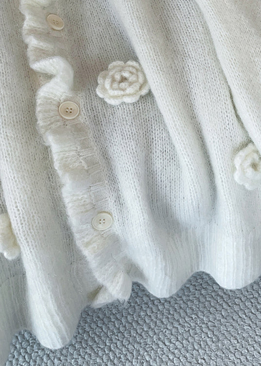 Loose Apricot V Neck Button Floral Knit Cardigan Fall