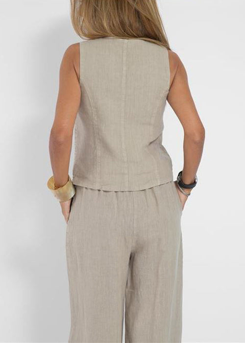 Loose Apricot V Neck Button Linen Two Pieces Set Sleeveless