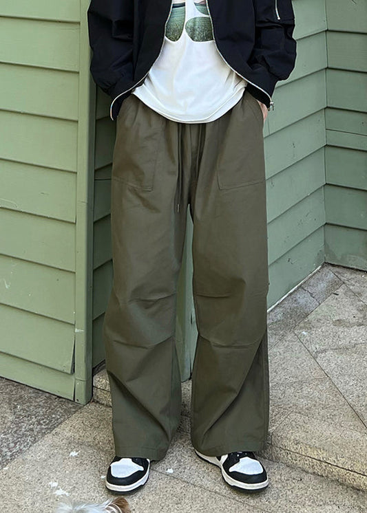 Loose Army Green Pockets Solid Drawstring Cotton Mens Pants Summer