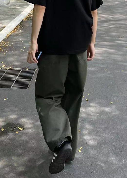 Loose Army Green Pockets Solid Drawstring Cotton Mens Pants Summer