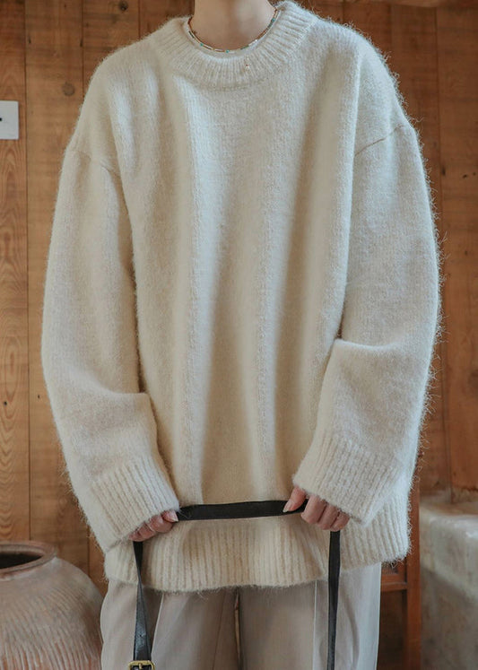 Loose Beige O Neck Solid Knit Men Sweater Winter