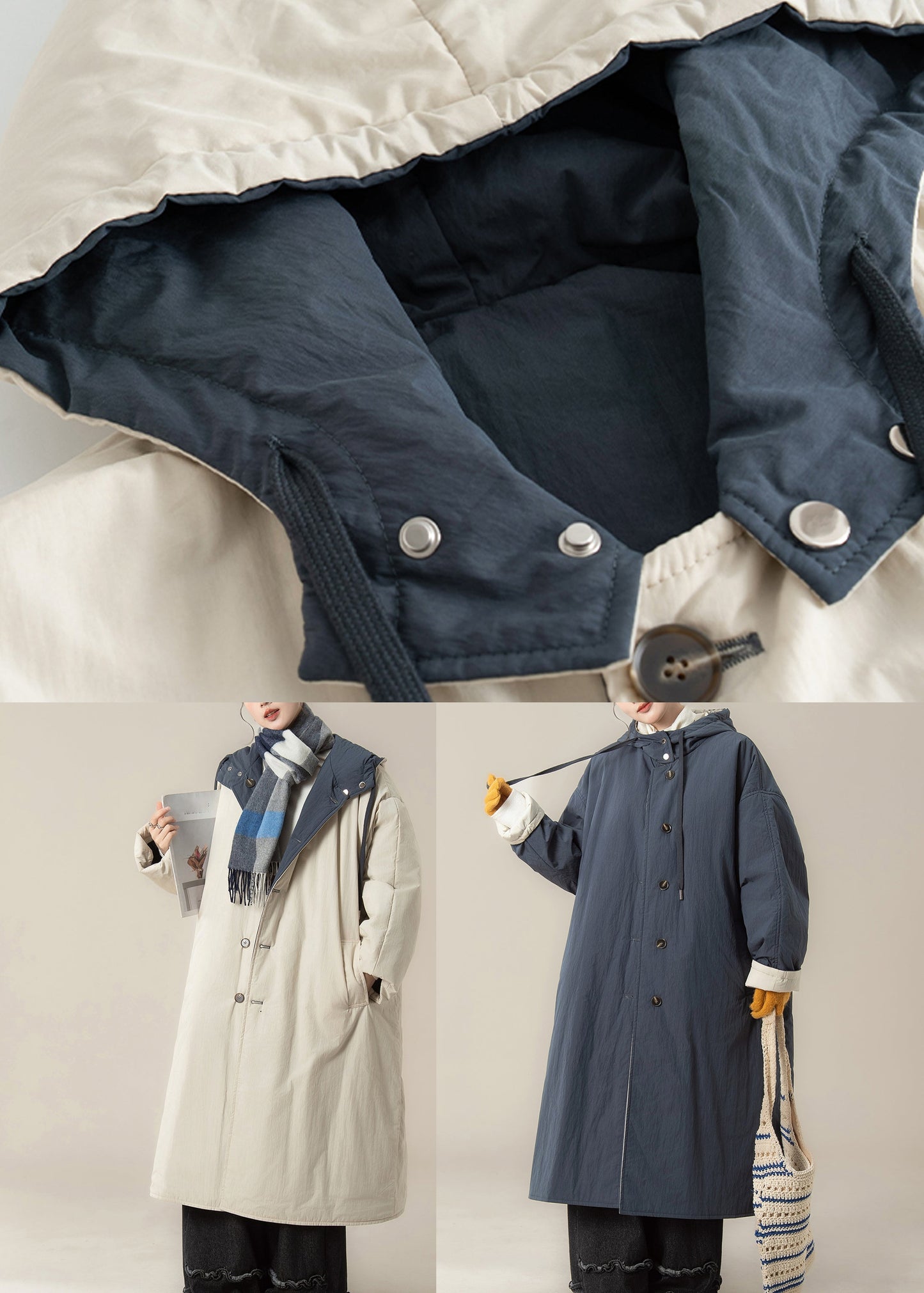 Locker geschnittener, beiger, langer Winterparka mit Kapuze, Taschen und lockerer Passform