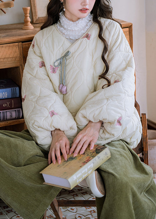 Parkas de invierno holgadas de algodón con cuello en V y lazo de mariposa en color beige