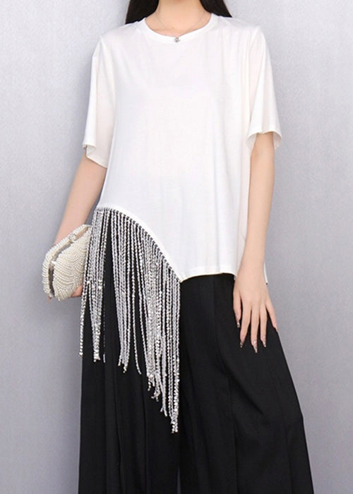 Loose Black Asymmetrical Tasseled Cotton T Shirts Summer