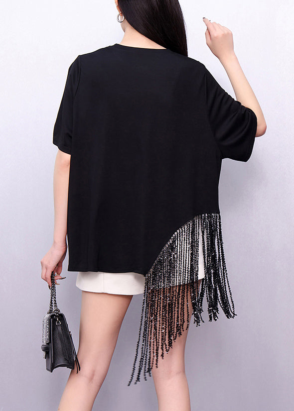 Loose Black Asymmetrical Tasseled Cotton T Shirts Summer
