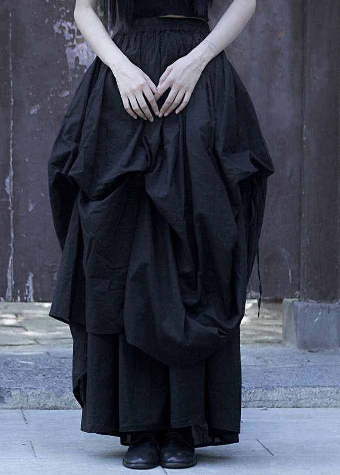 Lose Schwarz Asymmetrische Wrinkled Elastische Taille Baumwolle Rock Sommer