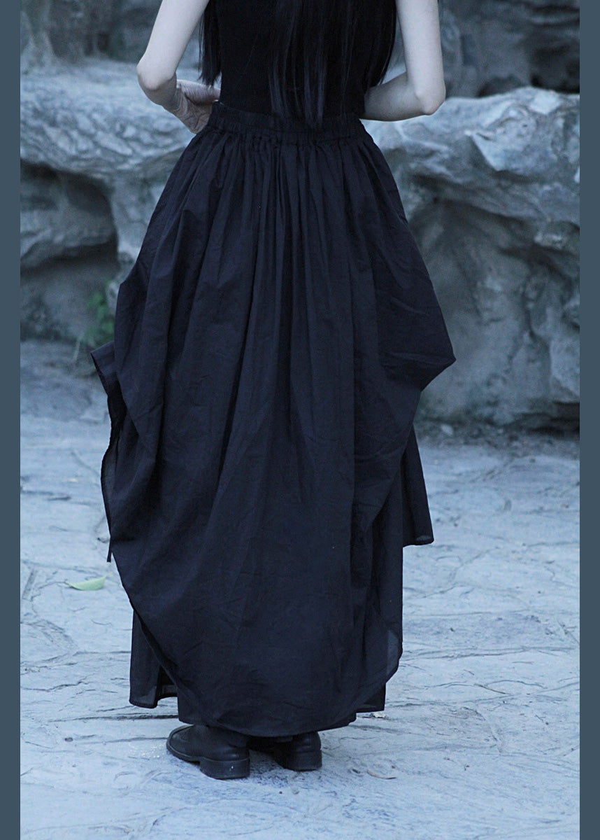 Lose Schwarz Asymmetrische Wrinkled Elastische Taille Baumwolle Rock Sommer