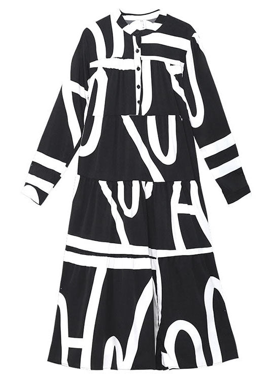 Lose schwarze Knopf Patchwork Print Herbst Langarm Lange Kleider