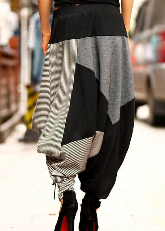 Loose Black Grey Patchwork Striped drawstring Casual Pants Spring
