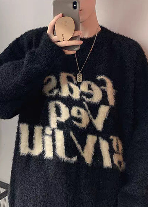 Loose Black Letter Thick Mink Hair Knitted Men Sweater Tops Winter