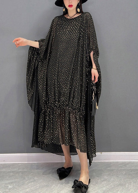 Lockeres schwarzes O-Ausschnitt-asymmetrisches Dot-Chiffon-Urlaubskleid mit Fledermausärmeln