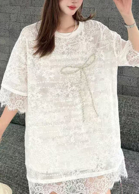 Loose Black O-Neck Lace Patchwork Graphic Bow T Shirts Summer