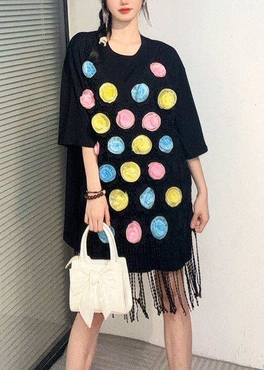 Lose Schwarze O-Ausschnitt Spitze Patchwork Mid T Shirt Kleider Sommer