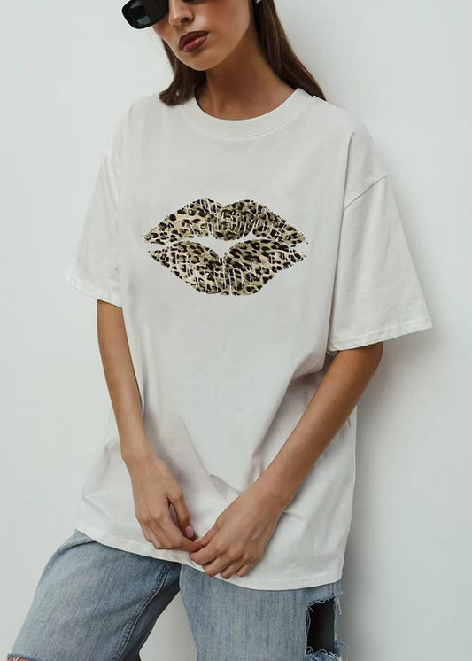 Loose Black O Neck Print Cotton T Shirt Summer