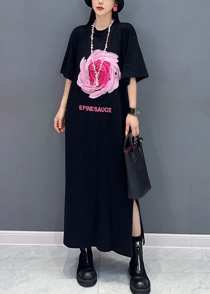 Lose schwarze O-Ausschnitt Print Seite offen Baumwolle T Shirt Kleider Sommer