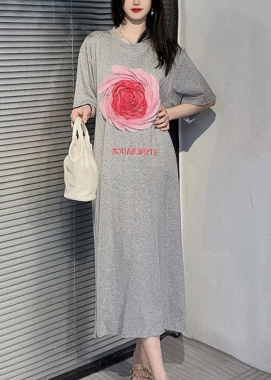 Lose schwarze O-Ausschnitt Print Seite offen Baumwolle T Shirt Kleider Sommer