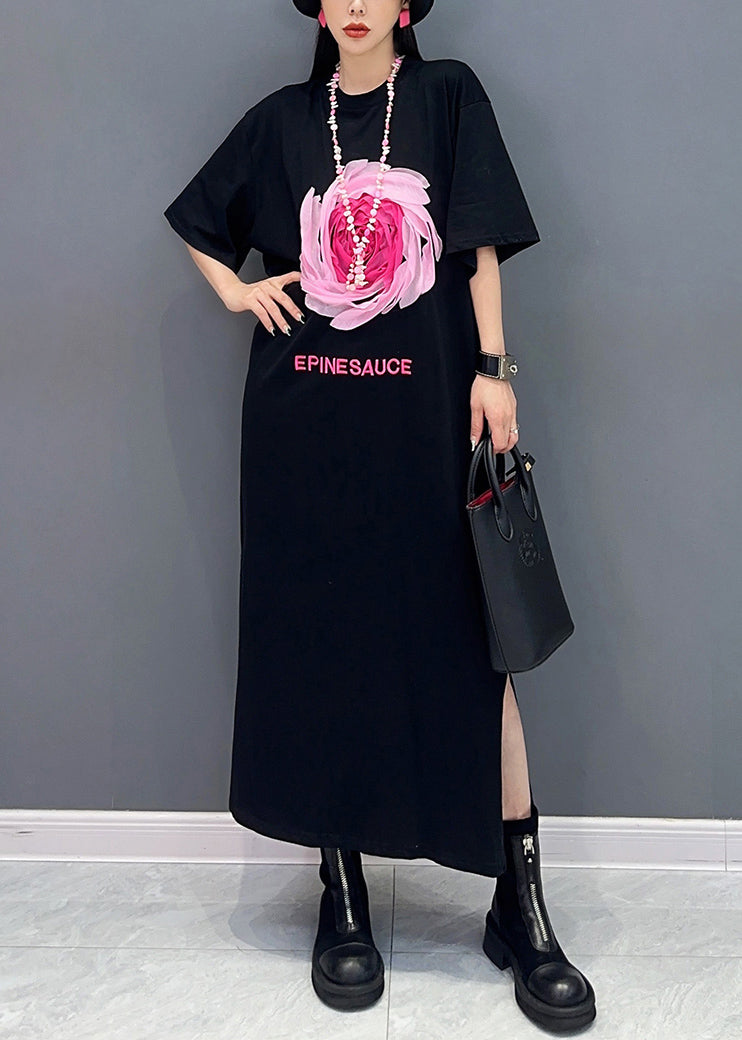 Lose schwarze O-Ausschnitt Print Seite offen Baumwolle T Shirt Kleider Sommer
